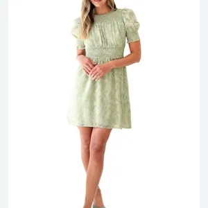 Adelyn Rae Chiffon Smocked Mini Dress puff Sleeve Babydoll Green Medium