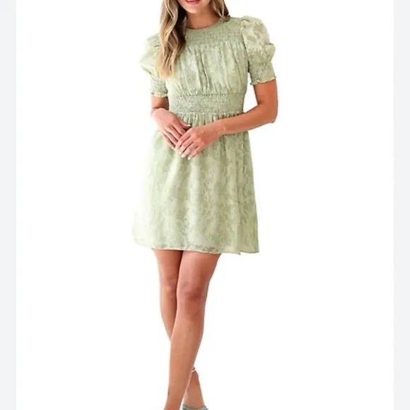 Adelyn Rae Chiffon Smocked Mini Dress puff Sleeve Babydoll Green Medium