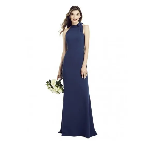 After Six Bow Neck Open Back Trumpet Gown 12 R Midnight Blue Soft Crepe NEW B12