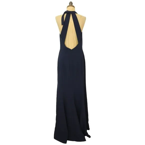 After Six Bow Neck Open Back Trumpet Gown 12 R Midnight Blue Soft Crepe NEW B12