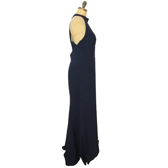 After Six Bow Neck Open Back Trumpet Gown 12 R Midnight Blue Soft Crepe NEW B12