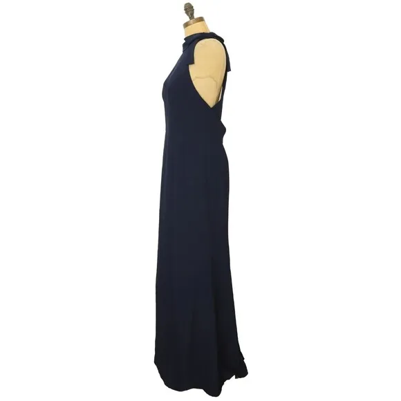 After Six Bow Neck Open Back Trumpet Gown 12 R Midnight Blue Soft Crepe NEW B12