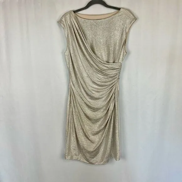 Alex Marie Women's Ruched Silver Metallic Jersey Knee length Dress Women’s 10 Fo