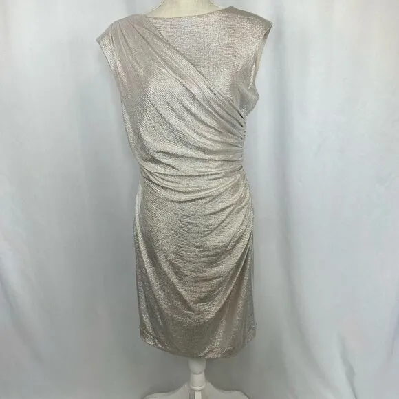 Alex Marie Women's Ruched Silver Metallic Jersey Knee length Dress Women’s 10 Fo
