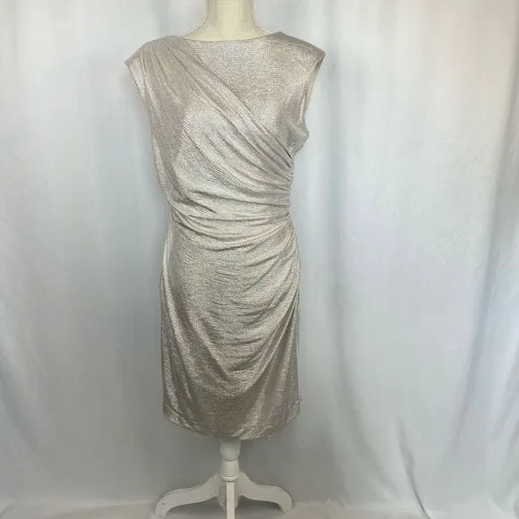 Alex Marie Women's Ruched Silver Metallic Jersey Knee length Dress Women’s 10 Fo