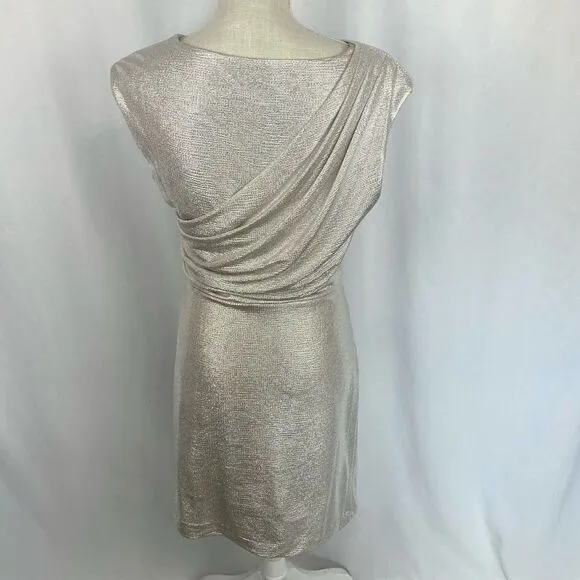Alex Marie Women's Ruched Silver Metallic Jersey Knee length Dress Women’s 10 Fo