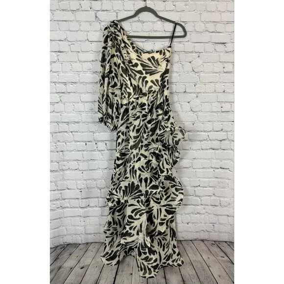 Alexis x Target Botanical One Shoulder Black White Ruffle Chiffon Dress Women S
