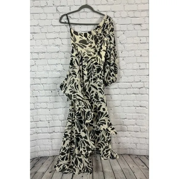 Alexis x Target Botanical One Shoulder Black White Ruffle Chiffon Dress Women S