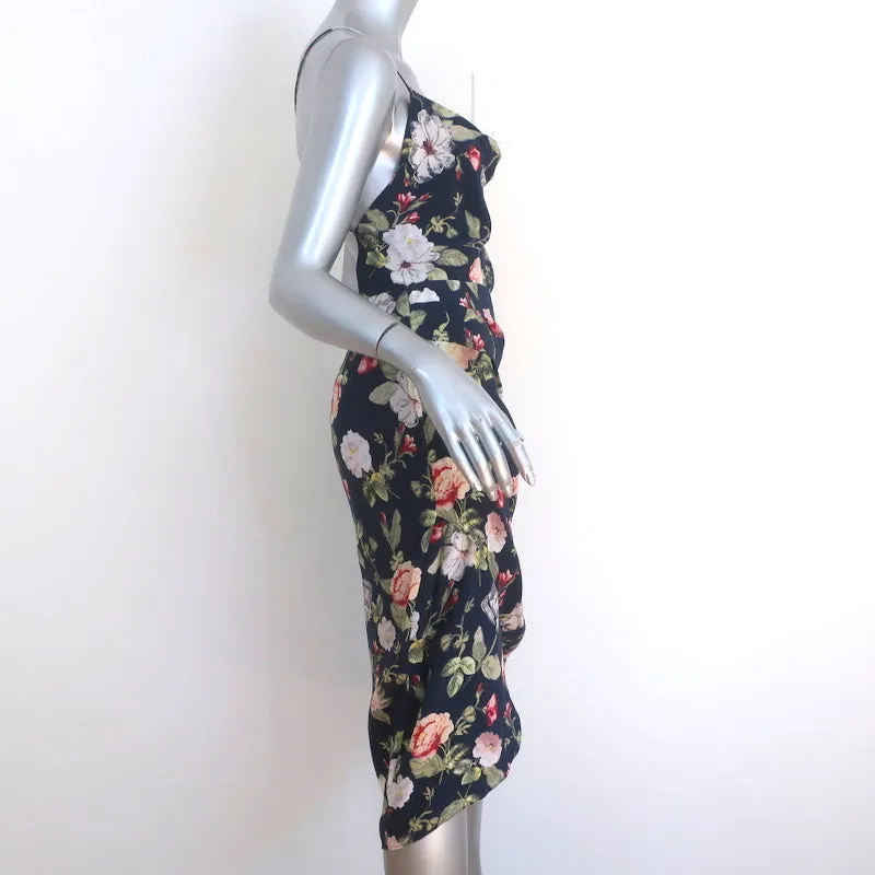 Alice   Olivia Open-Back Dress Reena Navy Draped Floral Print Matte Satin Size 4