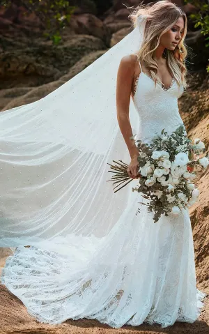 Amal | Spaghetti V-neck Mermaid Vintage Lace Flowers Sexy Backless Wedding Dress with Train