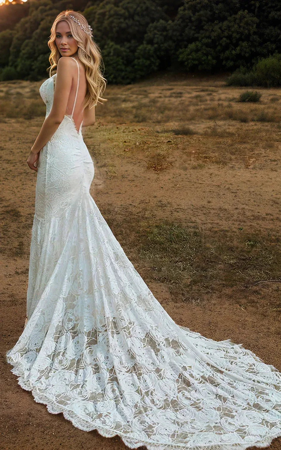 Amal | Spaghetti V-neck Mermaid Vintage Lace Flowers Sexy Backless Wedding Dress with Train