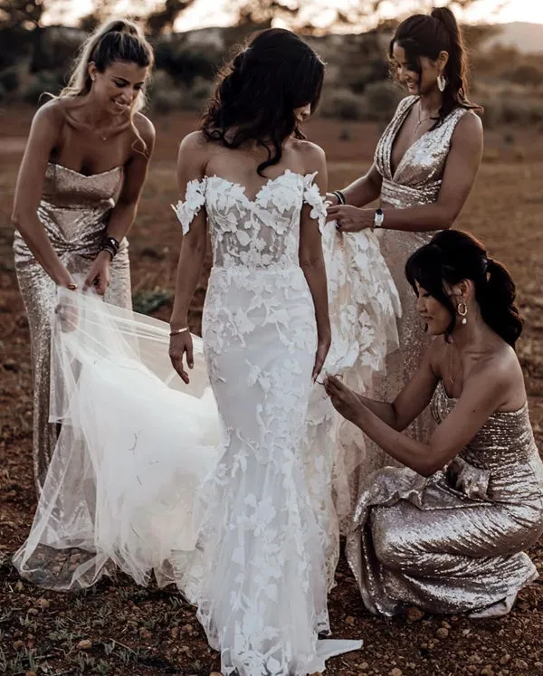 Amazing Mermaid Off the shoulder Tull Applique Rustic Wedding Dress,MW504