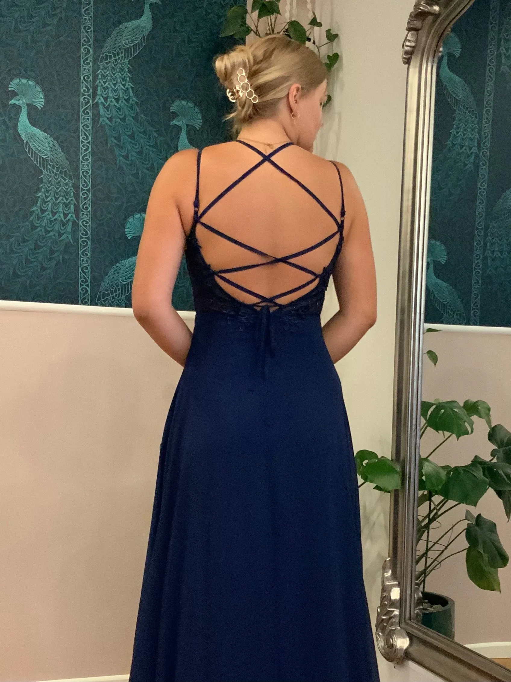 Aminata navy lace up back chiffon dress size 8 Express NZ wide