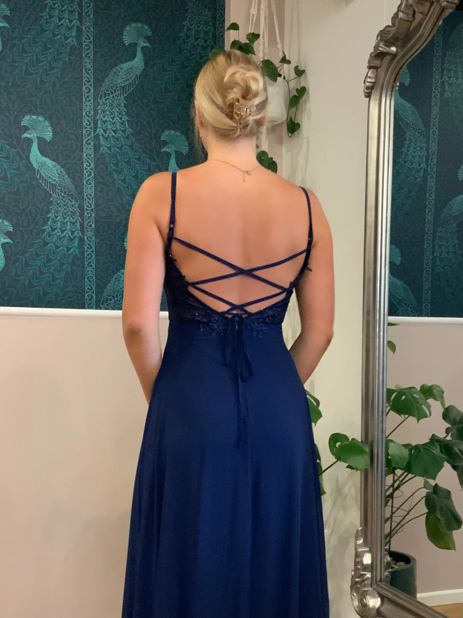 Aminata navy lace up back chiffon dress size 8 Express NZ wide