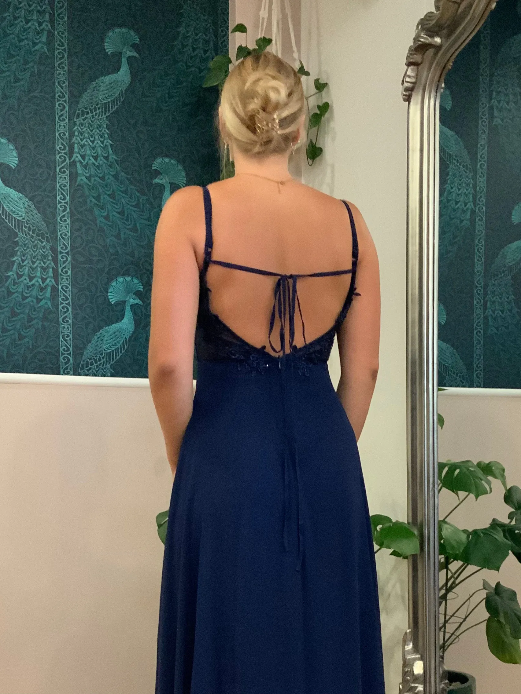 Aminata navy lace up back chiffon dress size 8 Express NZ wide