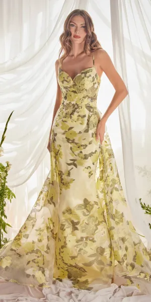Andrea & Leo A0770 Floor Length Sheath Organza Print Formal Gown