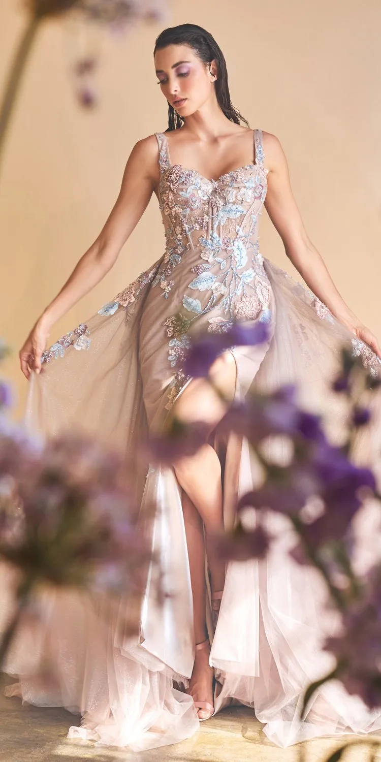 Andrea & Leo A0894 Appliqued Long Prom Dress with Overskirt