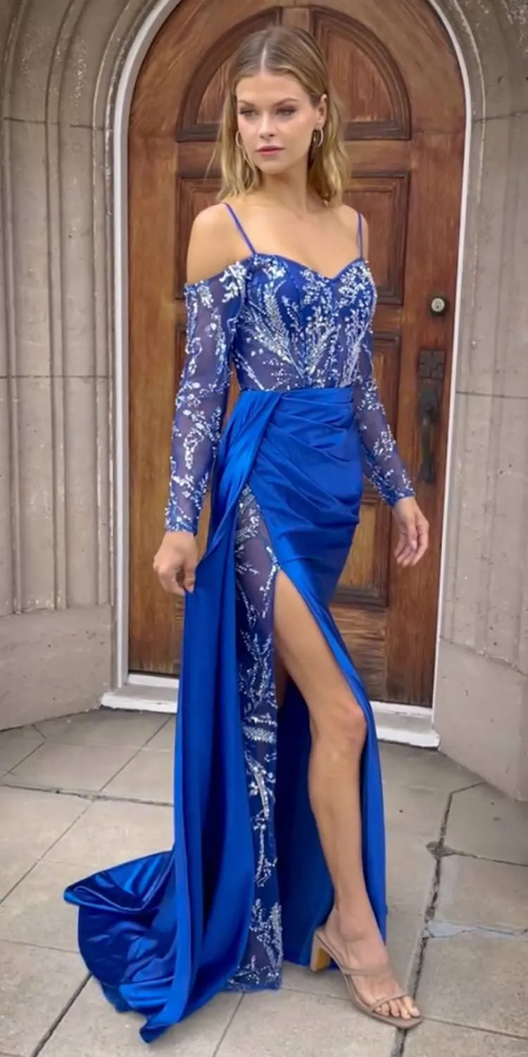 Andrea & Leo A1160 Long Sleeve Beaded Corset Gown with Satin Skirt