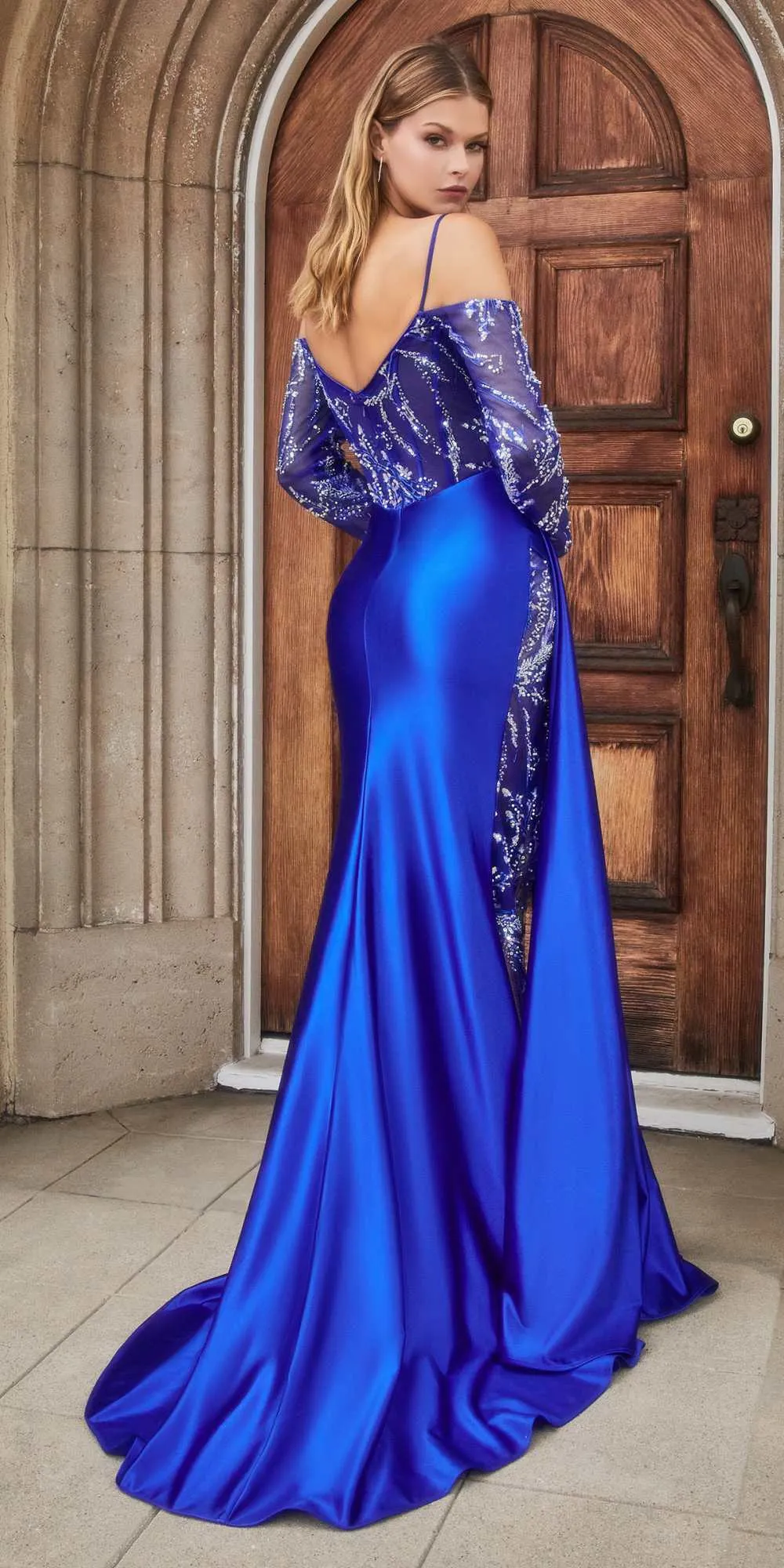 Andrea & Leo A1160 Long Sleeve Beaded Corset Gown with Satin Skirt