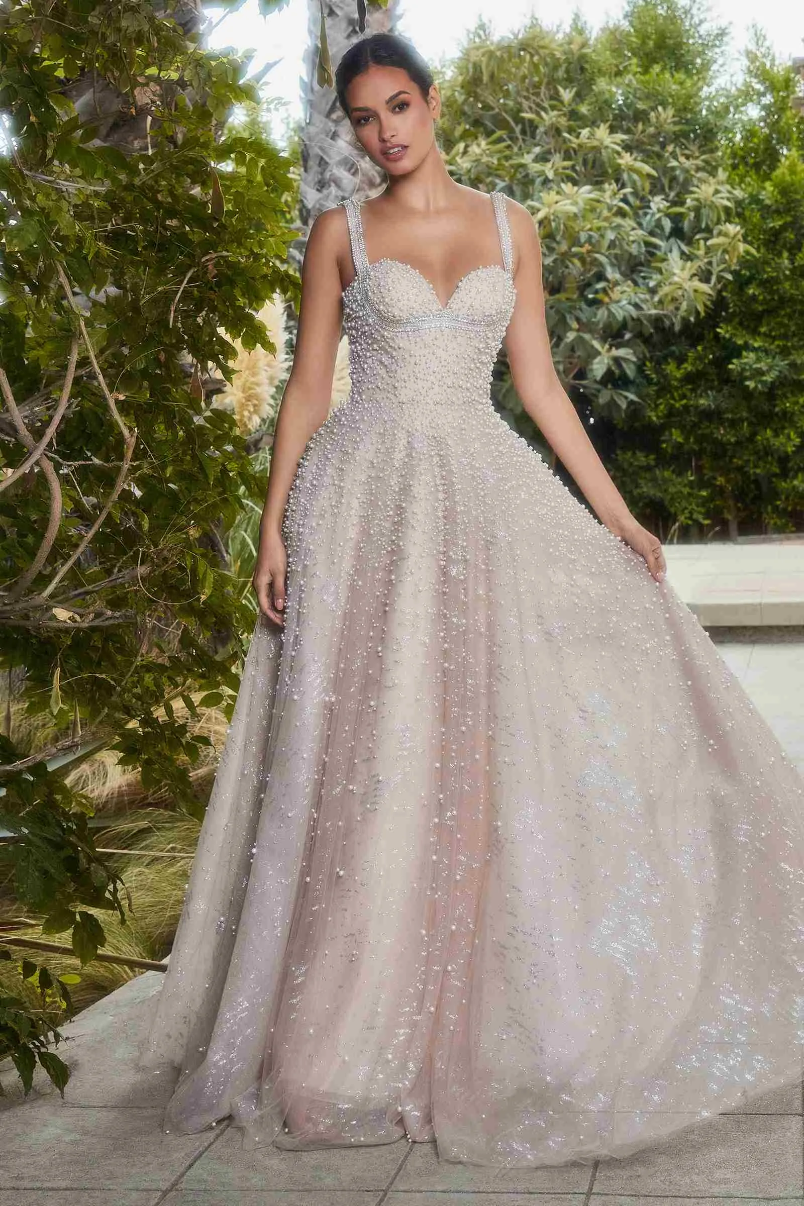 Andrea & Leo A1180 Long Pearleque Ball Gown with Crystal Strap