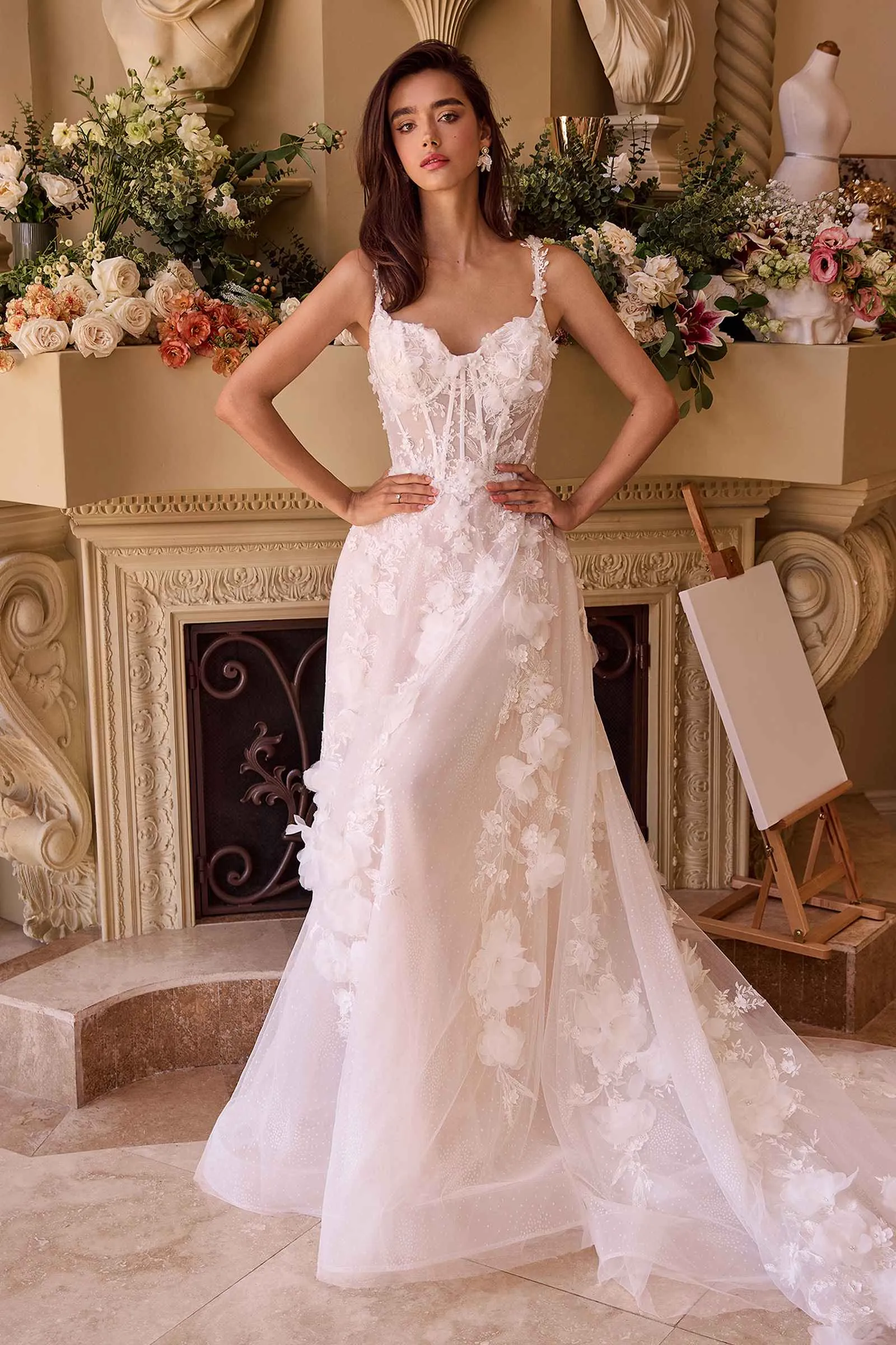Andrea & Leo WL045 Wedding Gown Intricate Floral Applique A-Line Tulle Dress