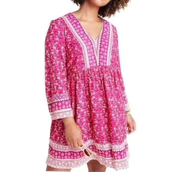 Anthropologie Maeve Isabel Embroidered Tunic Dress Pink Floral Size Small