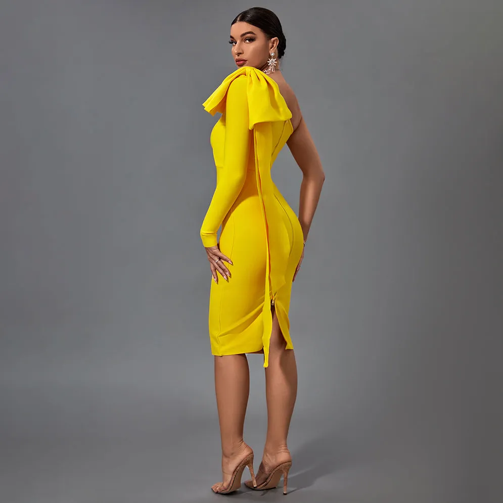 Asymmetrical Bowknot Midi Bandage Dress