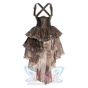 Asymmetrical PU Bustle Strappy Trailing Dress
