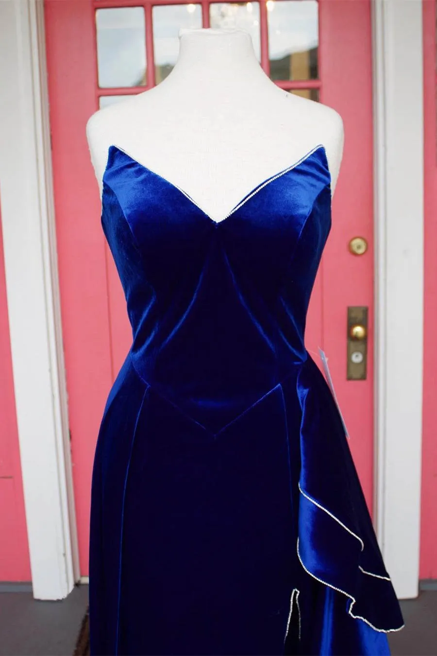 Asymmetrical Royal Blue Velvet Long Prom Dress
