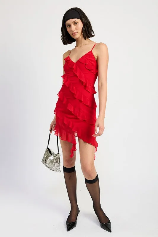ASYMMETRICAL RUFFLE MINI DRESS
