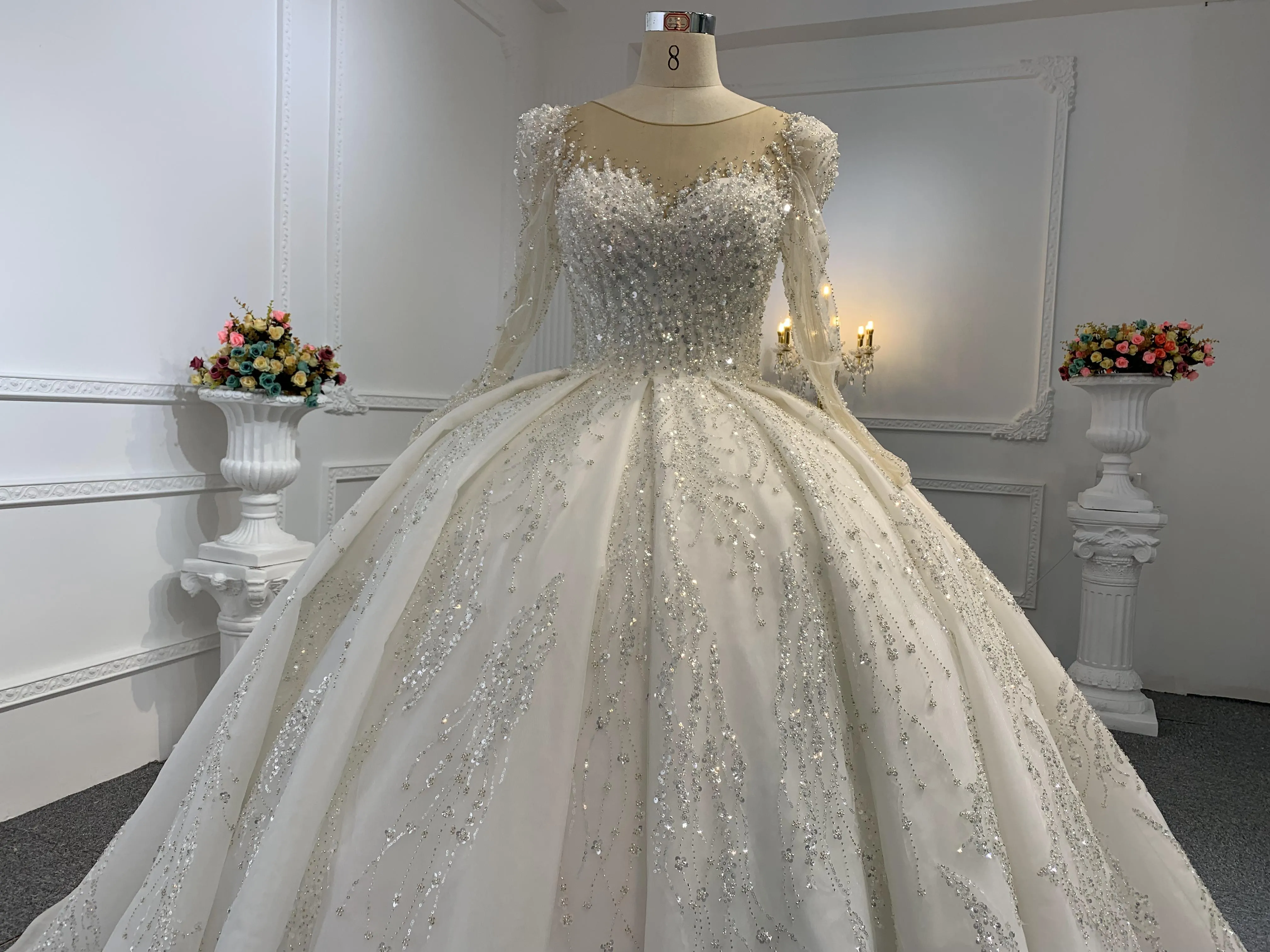 B233- BYG Sweet heart neckline beading lace wedding ball gown with puff sleeves