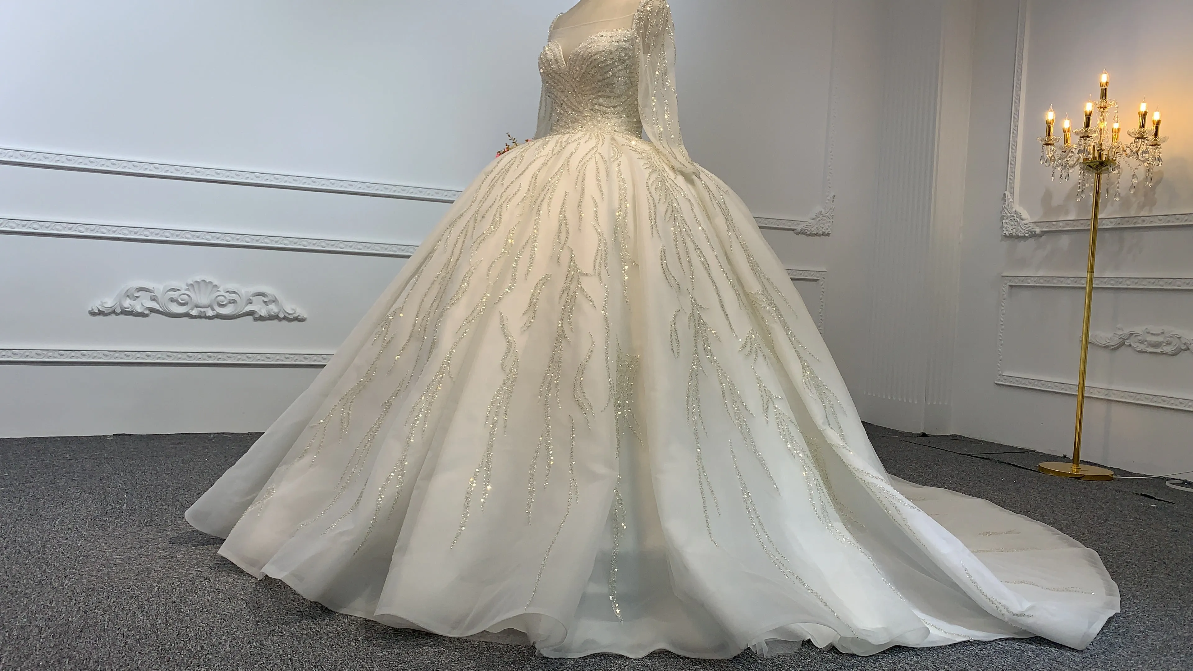 B236- BYG Sweetheart Neckline Heavy Beading Long Sleeves Ball Gown
