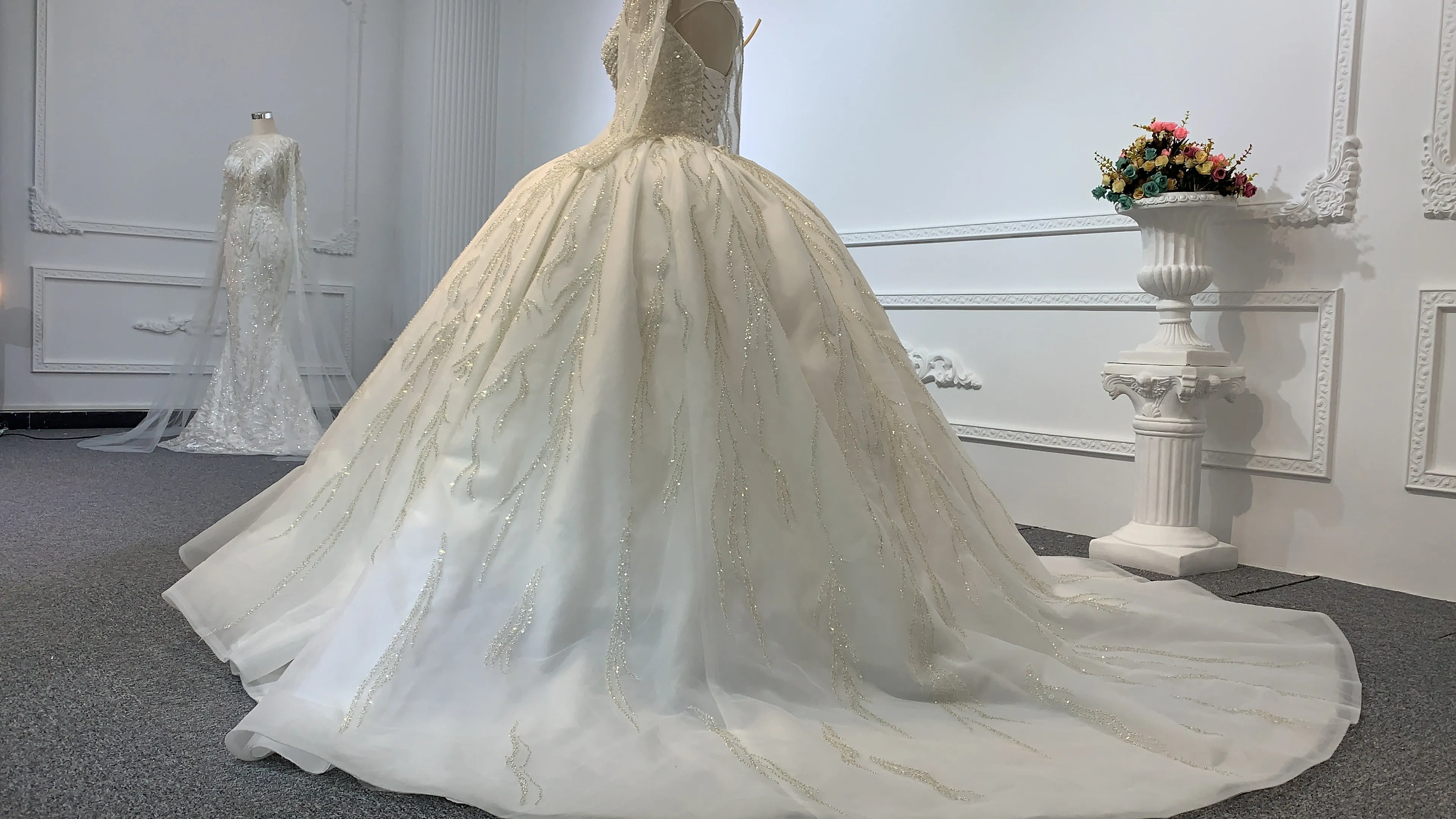 B236- BYG Sweetheart Neckline Heavy Beading Long Sleeves Ball Gown