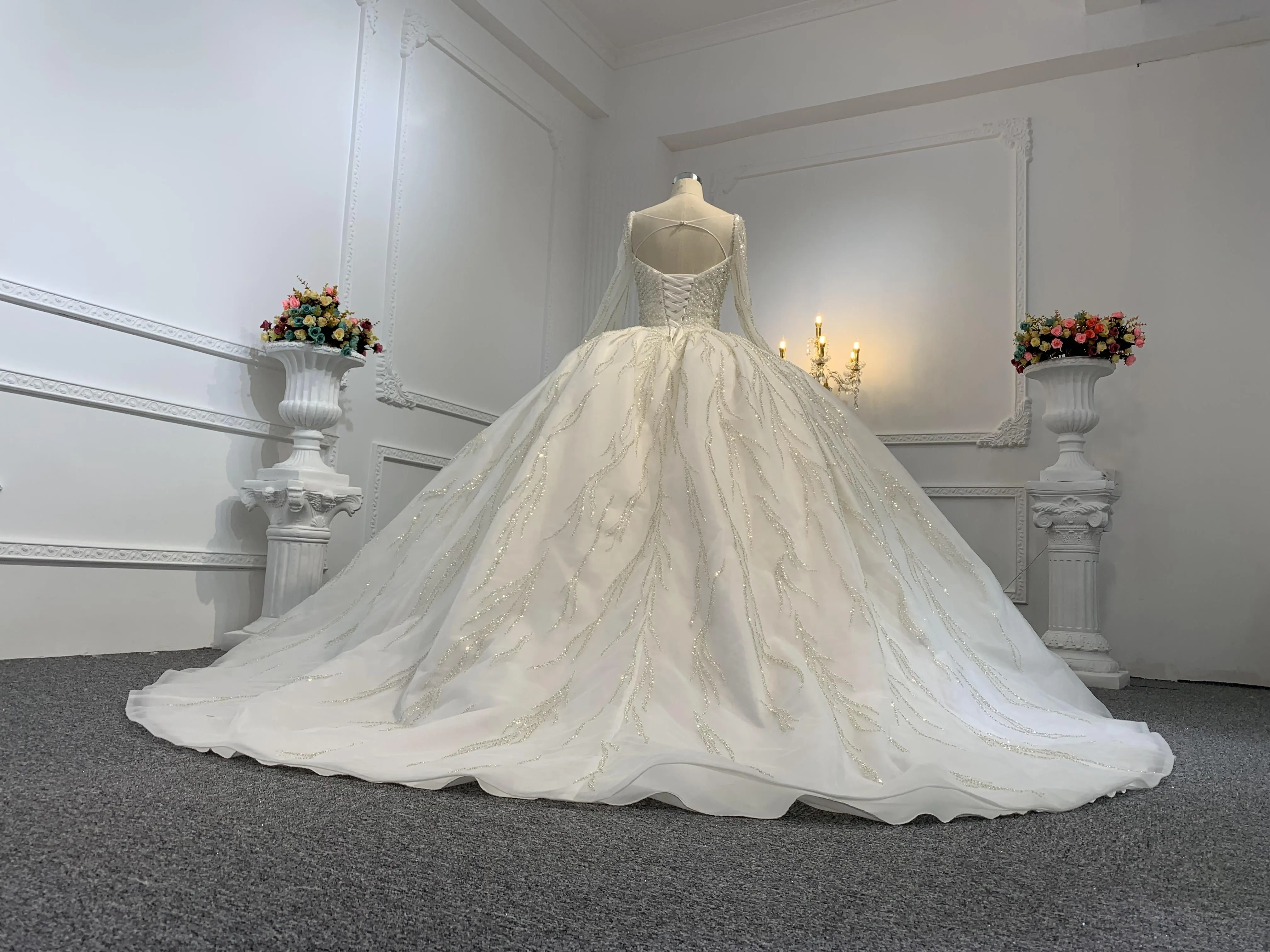 B236- BYG Sweetheart Neckline Heavy Beading Long Sleeves Ball Gown