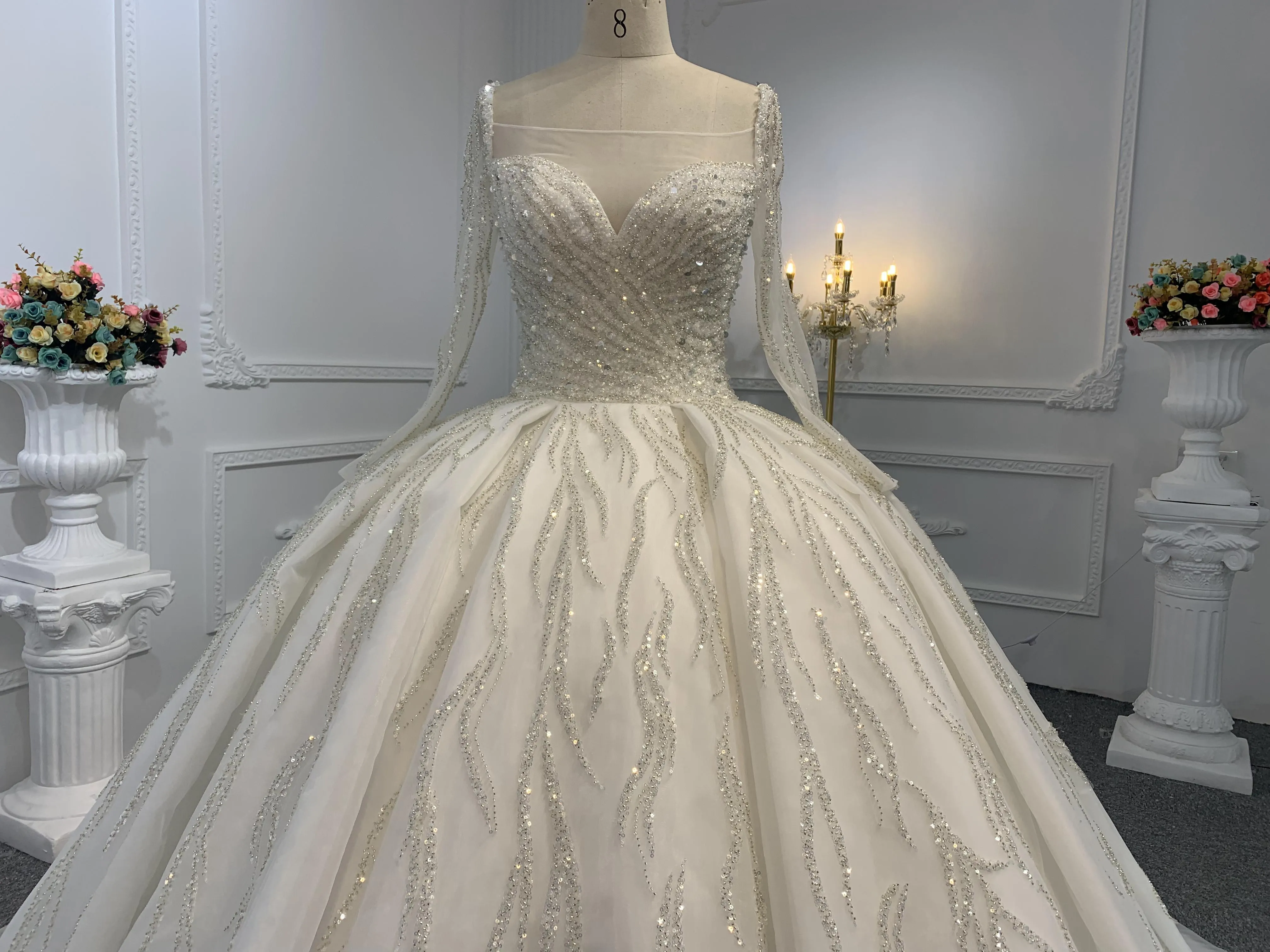 B236- BYG Sweetheart Neckline Heavy Beading Long Sleeves Ball Gown
