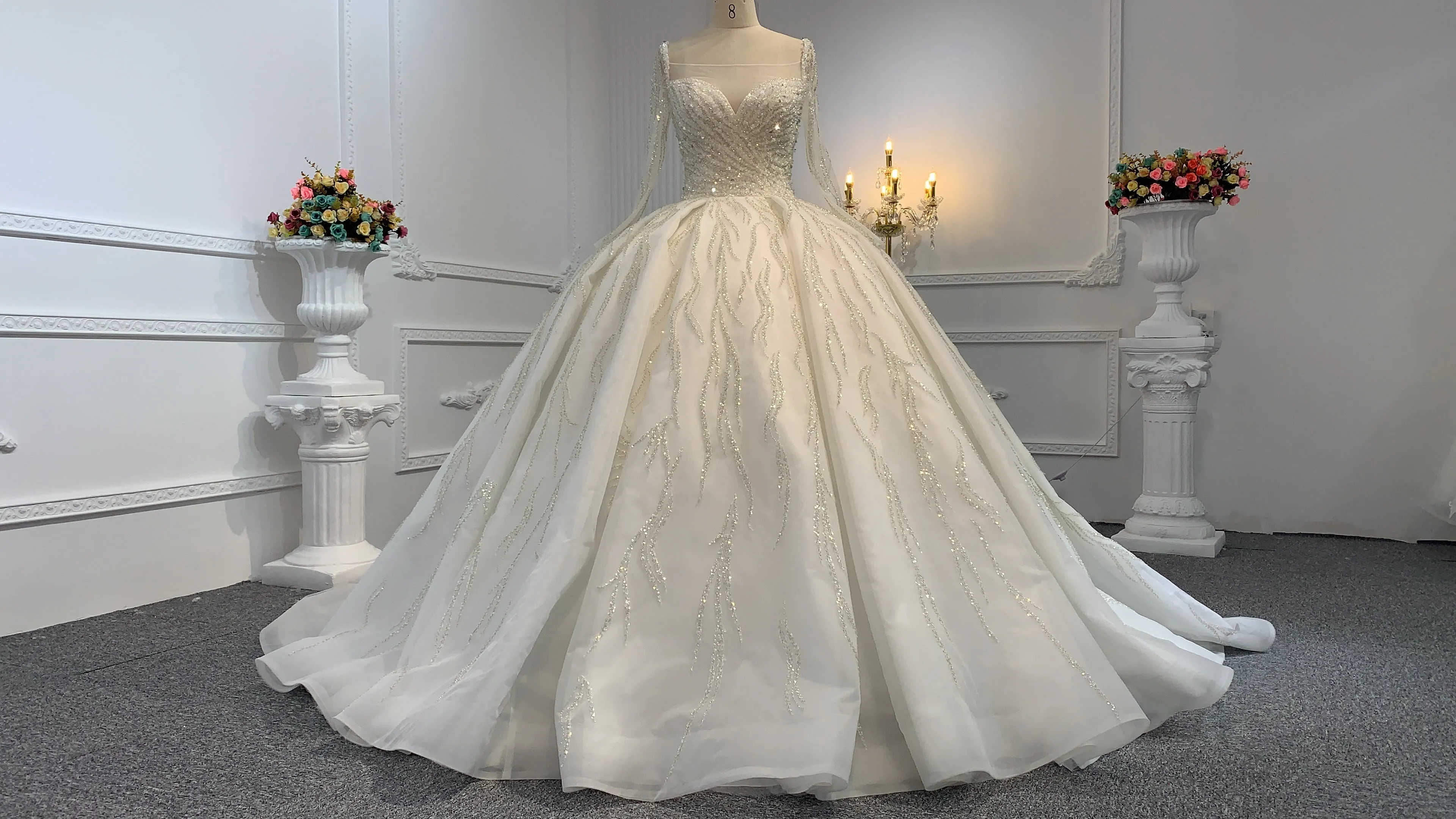 B236- BYG Sweetheart Neckline Heavy Beading Long Sleeves Ball Gown