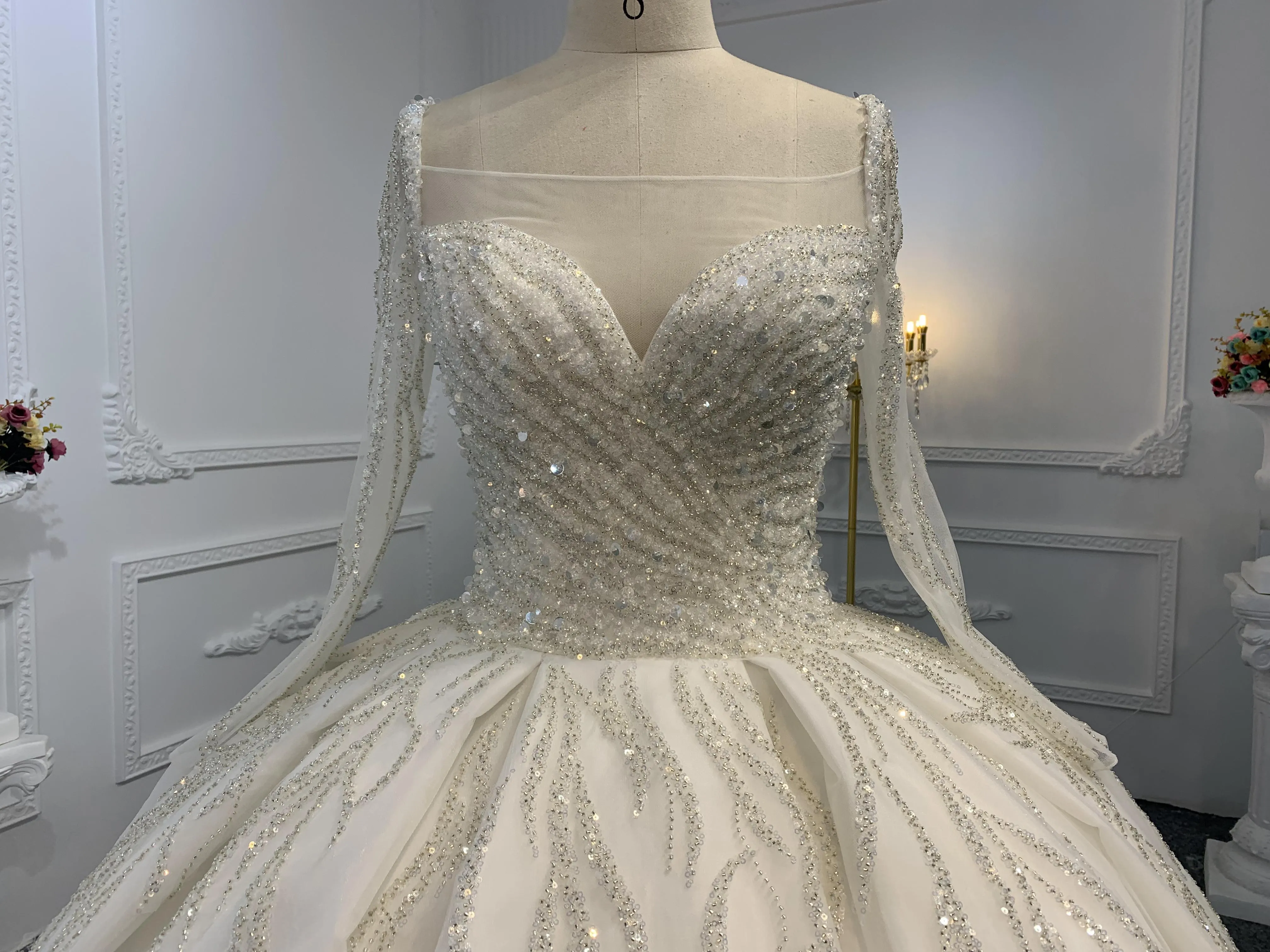 B236- BYG Sweetheart Neckline Heavy Beading Long Sleeves Ball Gown