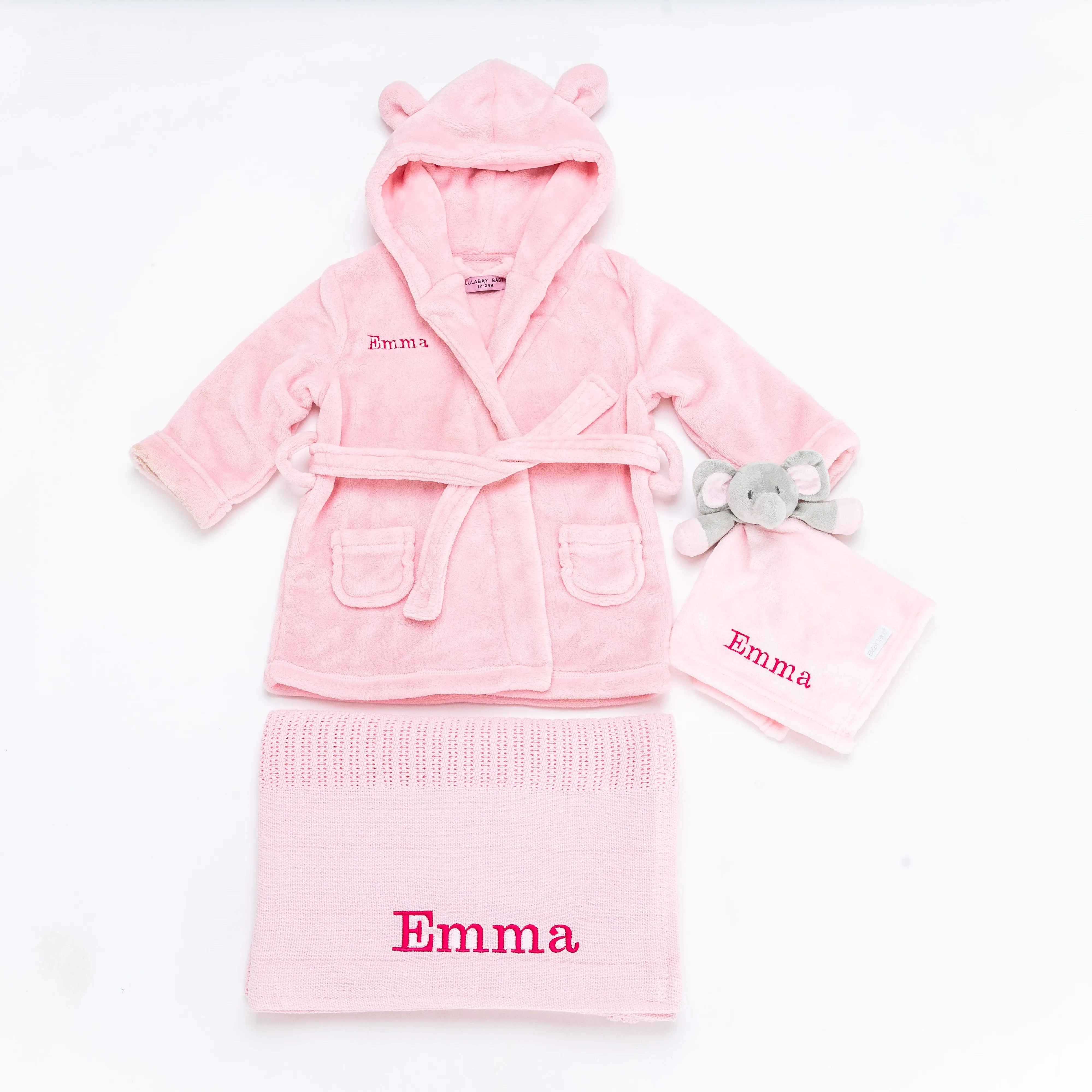 Babies unisex personalised dressing gown, elephant comforter and cotton blanket gift set