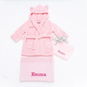 Babies unisex personalised dressing gown, elephant comforter and cotton blanket gift set