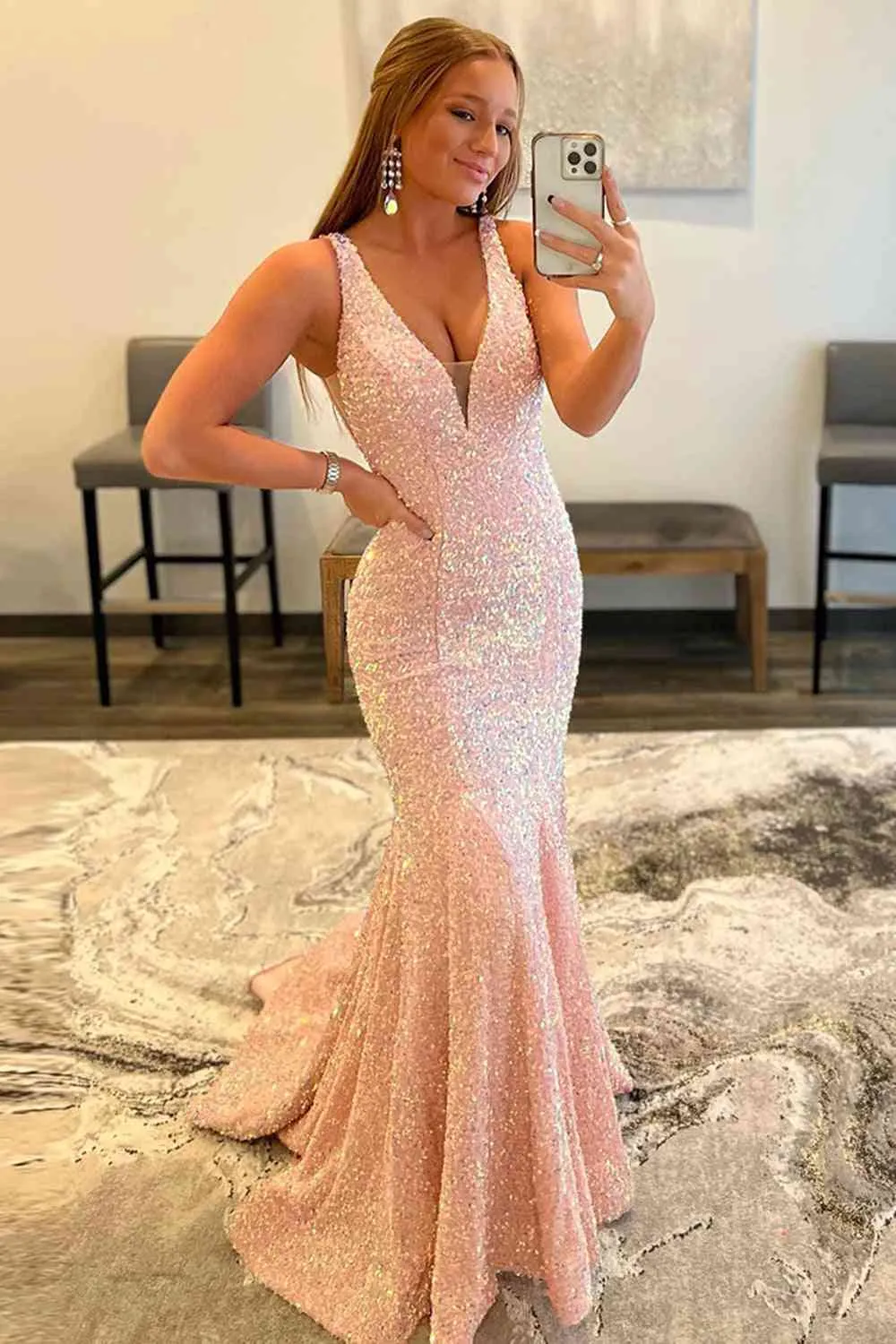 Backless Mermaid Light Blue Plunging Neck Long Prom Dress