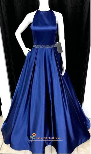 Ball Gown Halter Neckline Navy Blue Prom Dress