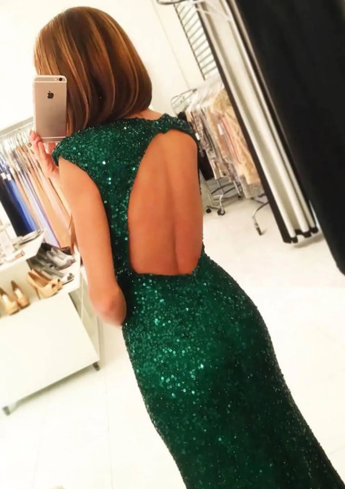 Bateau Split Open Back Sheath Long Green Allover Sequin Evening Dress