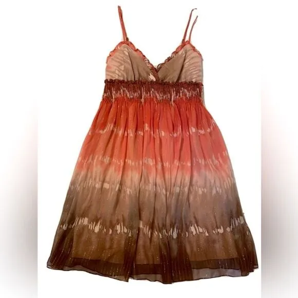 BCBG MaxAzria mini dress boho chiffon silk watermelon coral brown ombre XS NWT