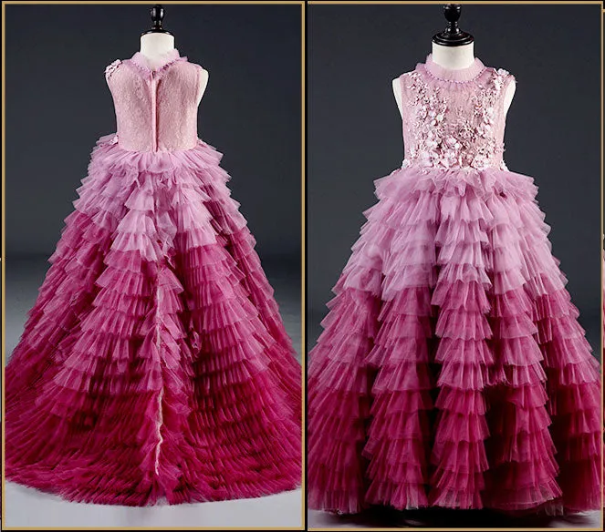 Beautiful Pink Ruffle Girls Recital, Birthday and Special Occasion Ball Gown CL2002
