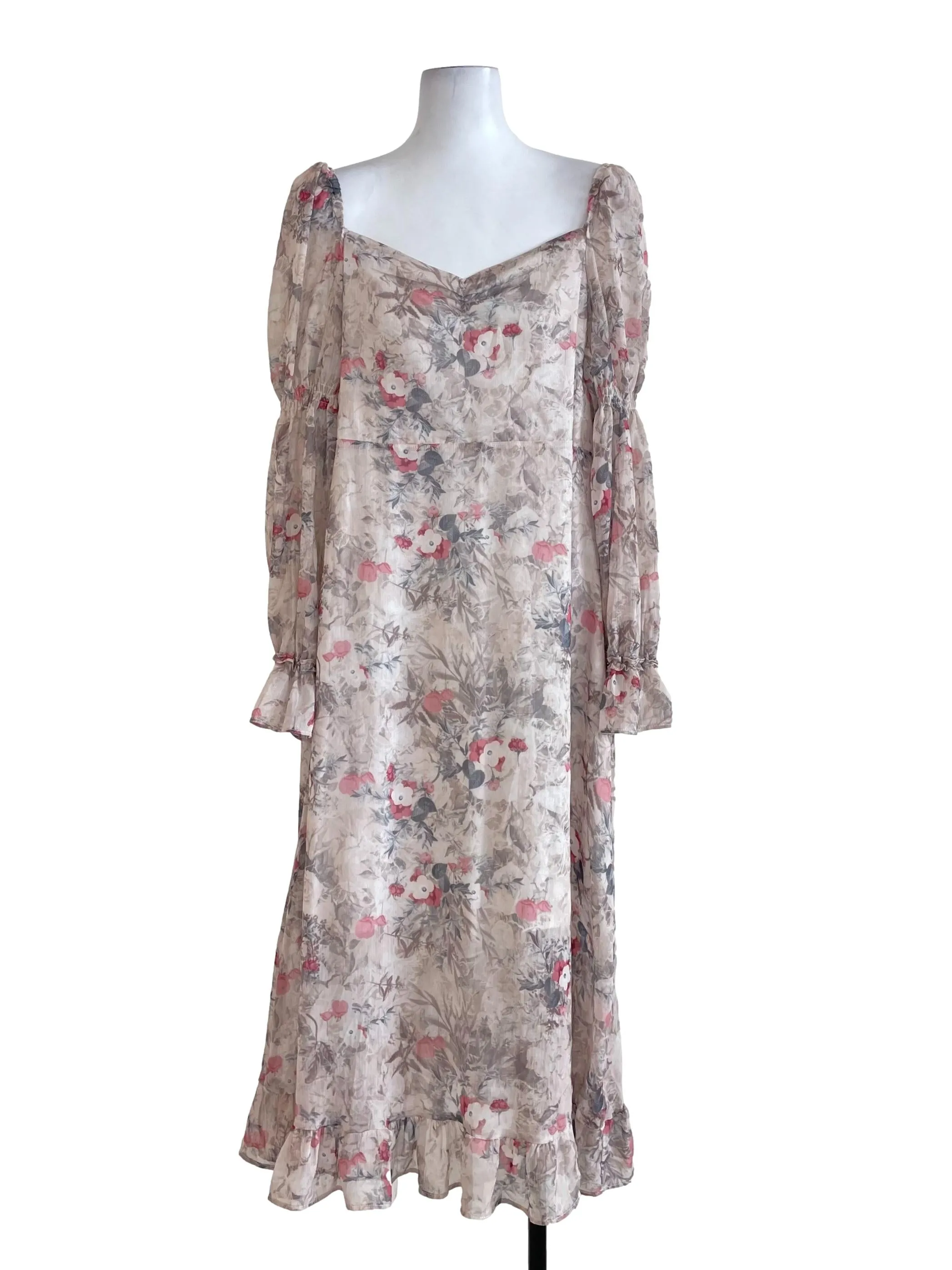 Beige Floral Chiffon Sweetheart Dress