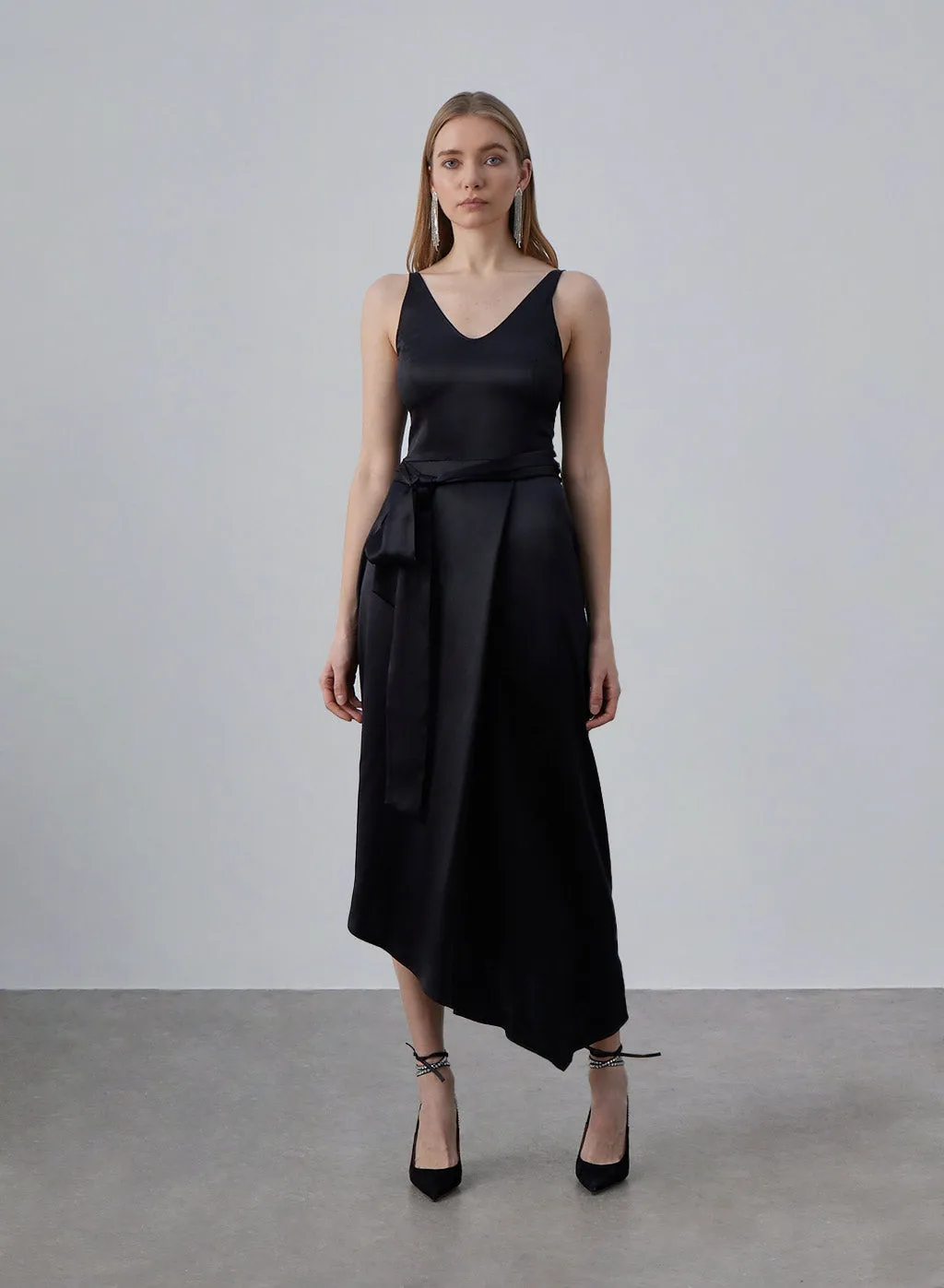 Belted Asymmetrical Silk Midi Dress
