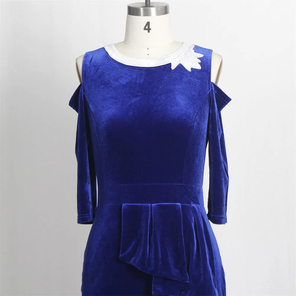 BerryBetty - Elegant Blue Velvet Mermaid Long Dress Women Dinner Evening Formal Gown Ladies Bodycon Peplum Ruffle Vintage Maxi Party Dress