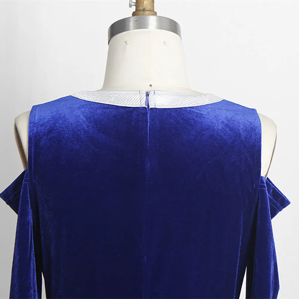 BerryBetty - Elegant Blue Velvet Mermaid Long Dress Women Dinner Evening Formal Gown Ladies Bodycon Peplum Ruffle Vintage Maxi Party Dress