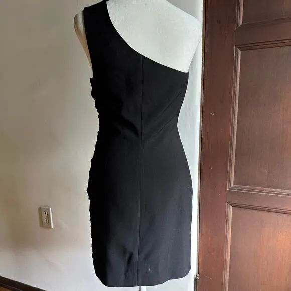BLACK HALO | Black Shirred Detail One Shoulder Architectural Cocktail Dress | 4
