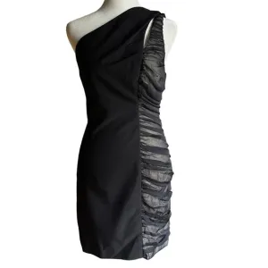BLACK HALO | Black Shirred Detail One Shoulder Architectural Cocktail Dress | 4